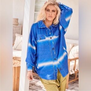 Free People FP Ruby Jacket Shirt Jacket Shacket in Deep Sea Combo Oversized  M
